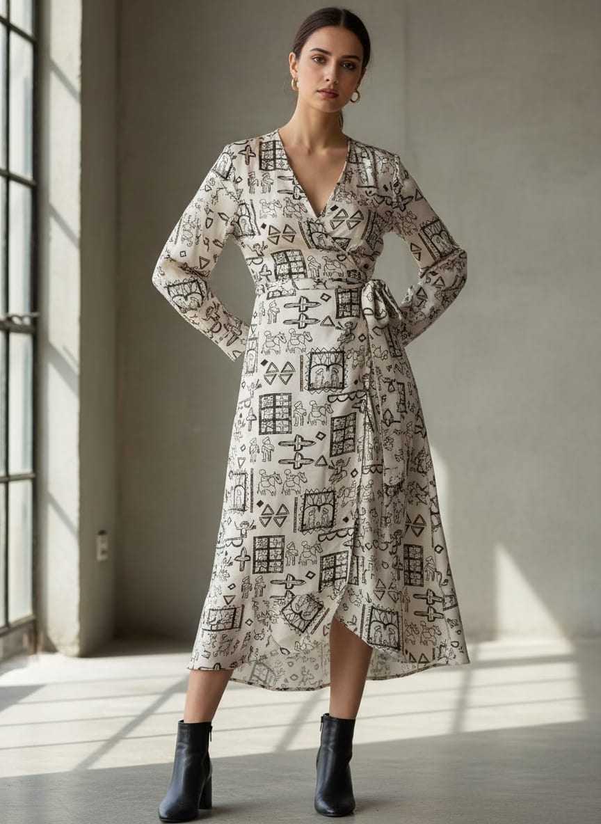 Cream Ethnic Warli Art Print Silk Crepe Digital Printed Fabric
