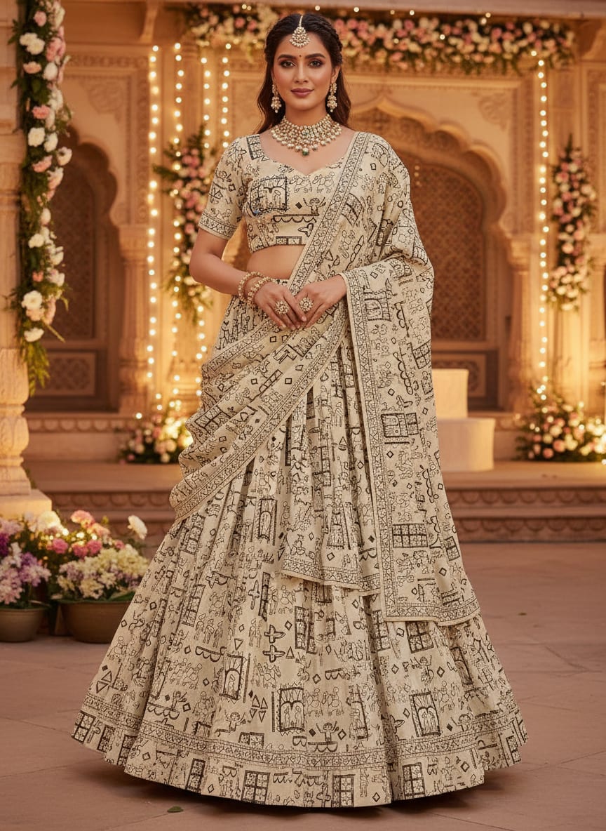 Cream Ethnic Warli Art Inspired Kora Silk Digital Printed Fabric