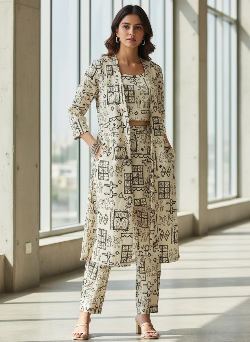Cream Ethnic Warli Art Inspired Kora Silk Digital Printed Fabric