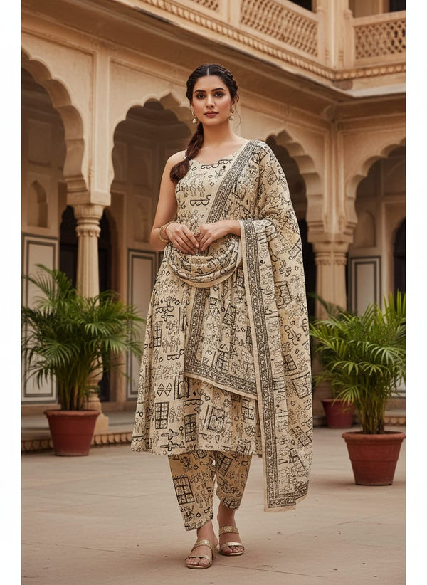 Cream Ethnic Warli Art Inspired Kora Silk Digital Printed Fabric - A-Line Kurta with Salwar Lookbook - KS-0-TA01268-110 - alternate view