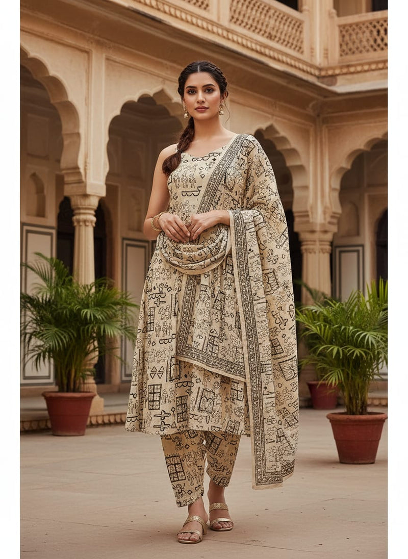 Cream Ethnic Warli Art Inspired Kora Silk Digital Printed Fabric