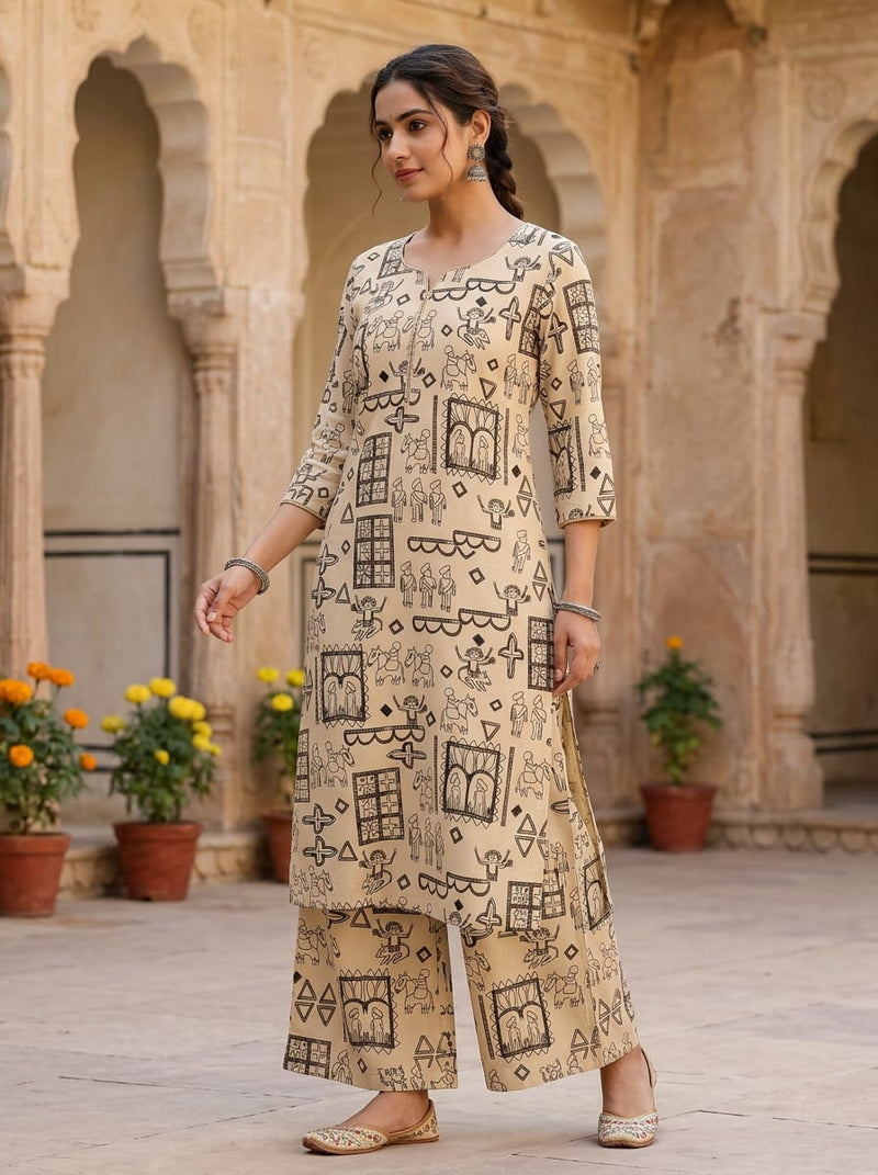 Cream Ethnic Folk Art Figures Muslin Digital Printed Fabric