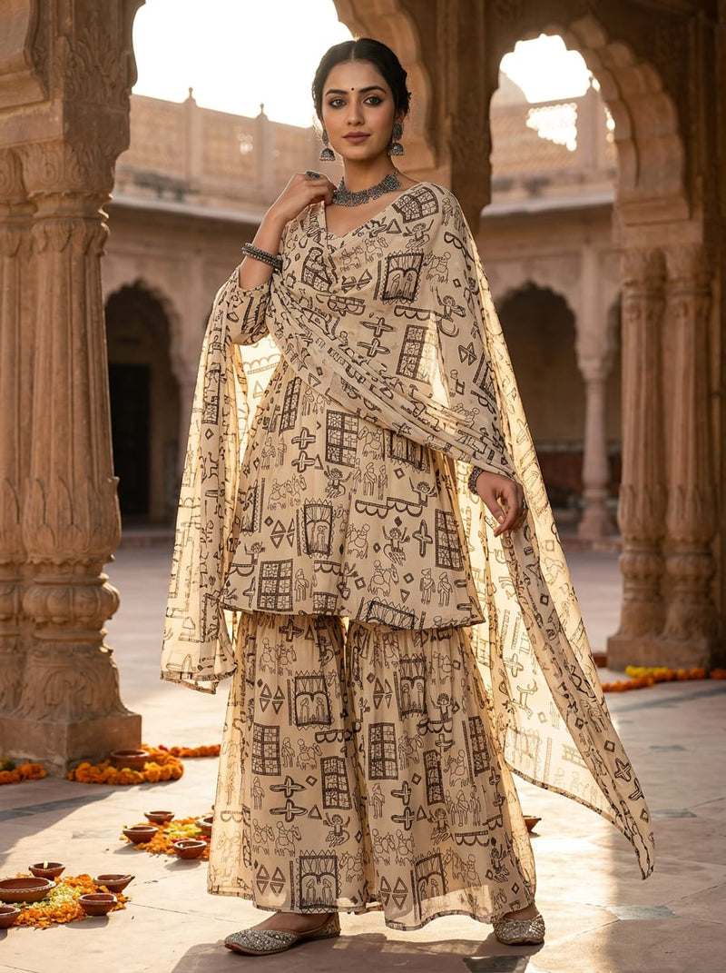 Cream Ethnic Warli Style Art Pure Chiffon Digital Printed Fabric