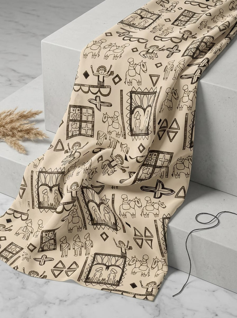 Cream Ethnic Warli Style Art Pure Chiffon Digital Printed Fabric