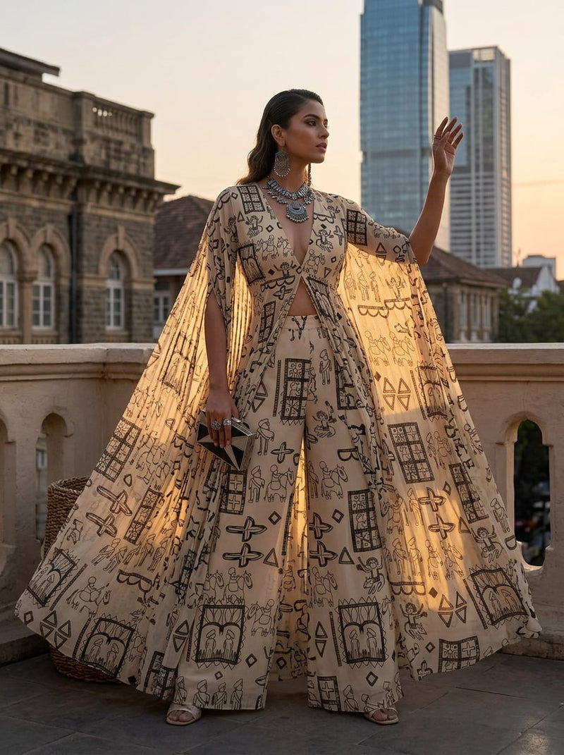 Cream Ethnic Warli Style Art Pure Chiffon Digital Printed Fabric