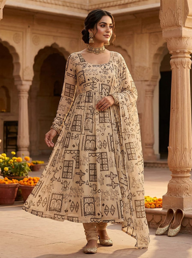 Cream Ethnic Warli Style Art Pure Chiffon Digital Printed Fabric
