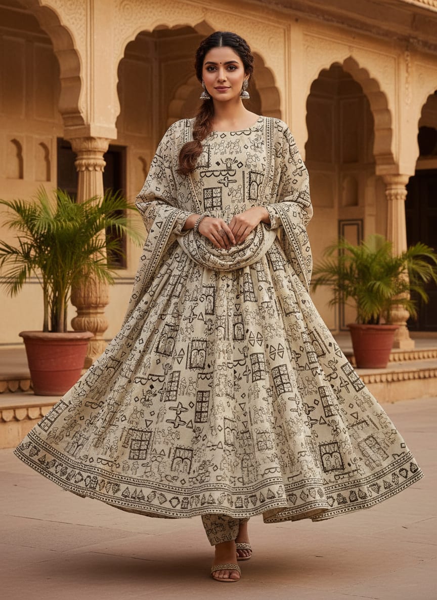 Cream Ethnic Warli Art Inspired Pure Chinon Digital Printed Fabric