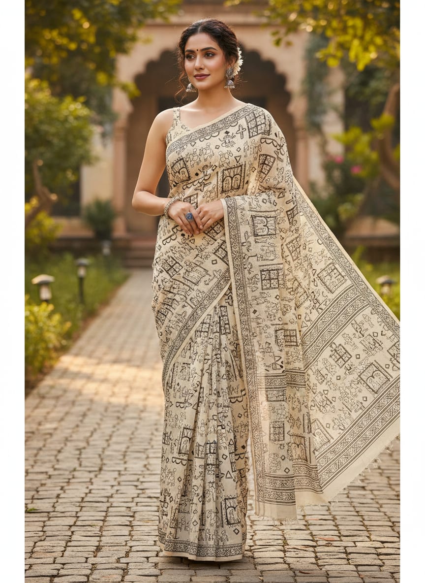 Cream Ethnic Warli Art Inspired Pure Chinon Digital Printed Fabric