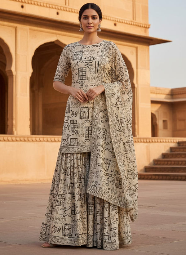 Cream Ethnic Warli Art Inspired Pure Chinon Digital Printed Fabric - Sharara Set Lookbook - PC-0-TA01268-106 - alternate view