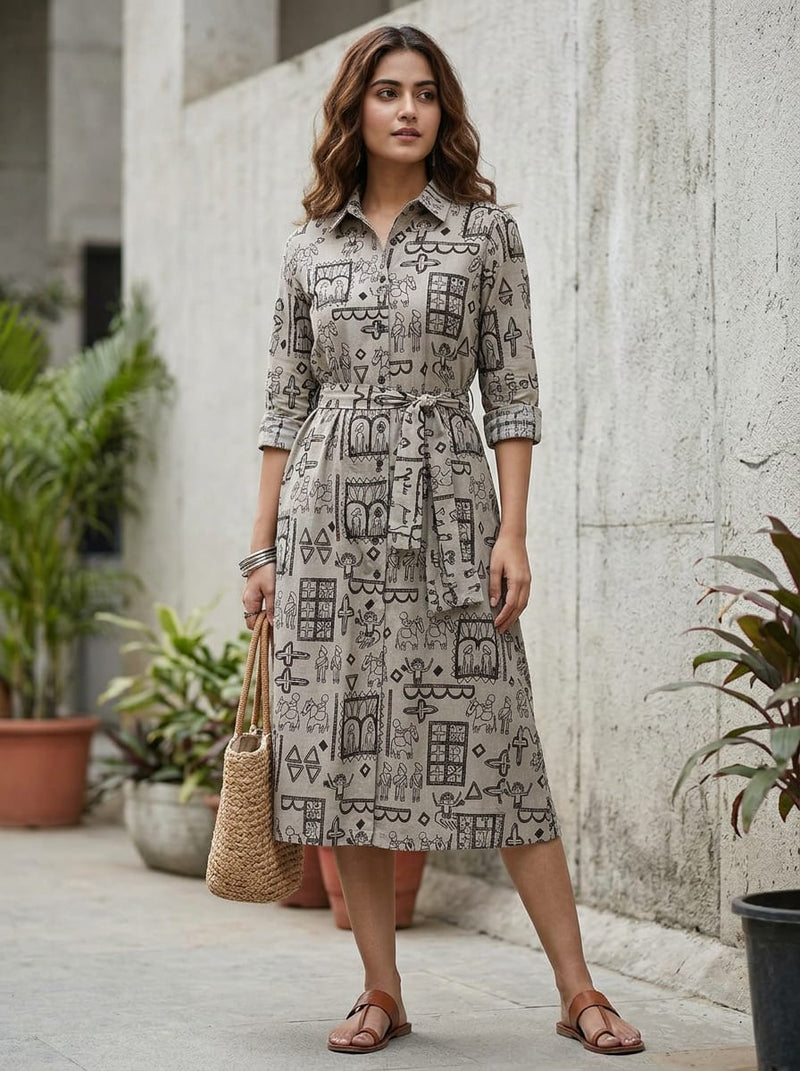 Grey Ethnic Folk Art Print Pure Cotton Digital Printed Fabric