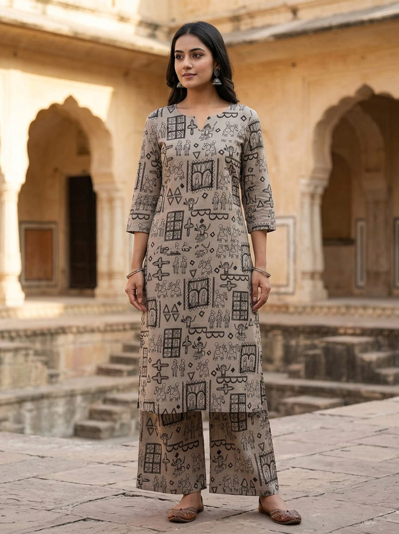 Grey Ethnic Folk Art Print Pure Cotton Digital Printed Fabric