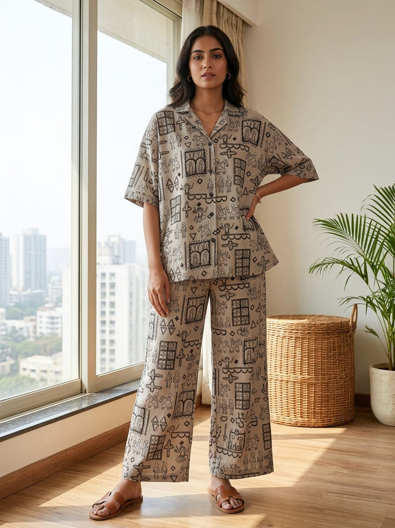 Grey Ethnic Folk Art Print Pure Cotton Digital Printed Fabric