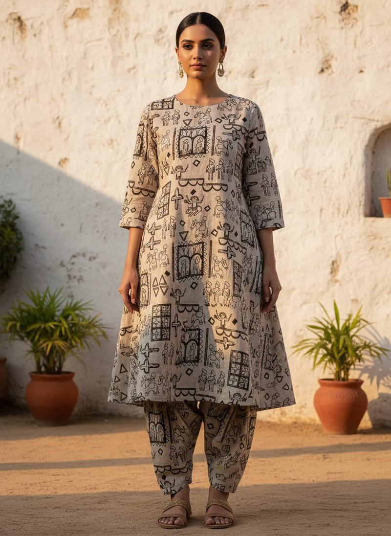 Grey Ethnic Folk Art Print Pure Cotton Digital Printed Fabric