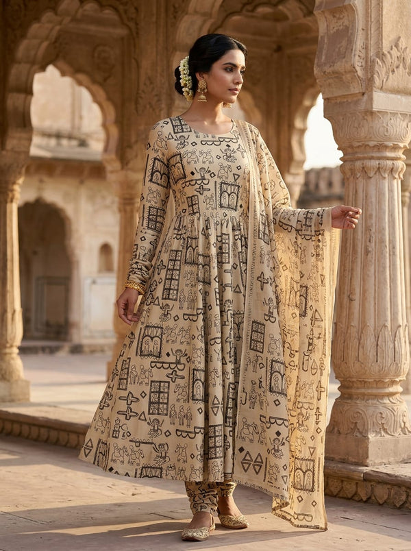 Cream Ethnic Folk Art Conversational Print Tusser Silk Digital Printed Fabric - Anarkali Kurta Set Lookbook - TS-0-TA01268-110 - alternate view