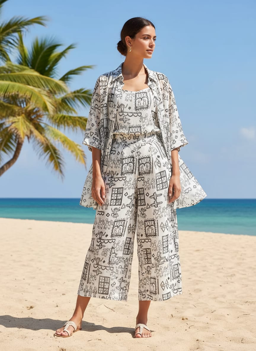 White Ethnic Folk Art Inspired Weightless Digital Printed Fabric