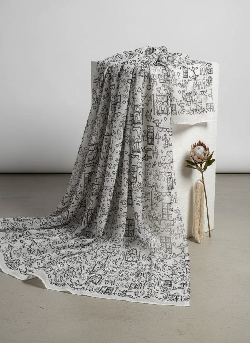 White Ethnic Folk Art Inspired Weightless Digital Printed Fabric