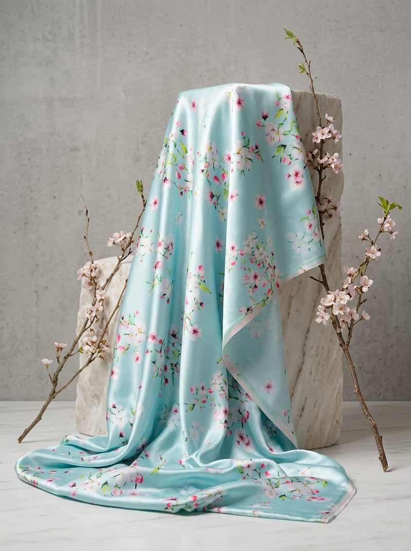 Blue Cherry Blossom Floral Japan Satin Digital Printed Fabric