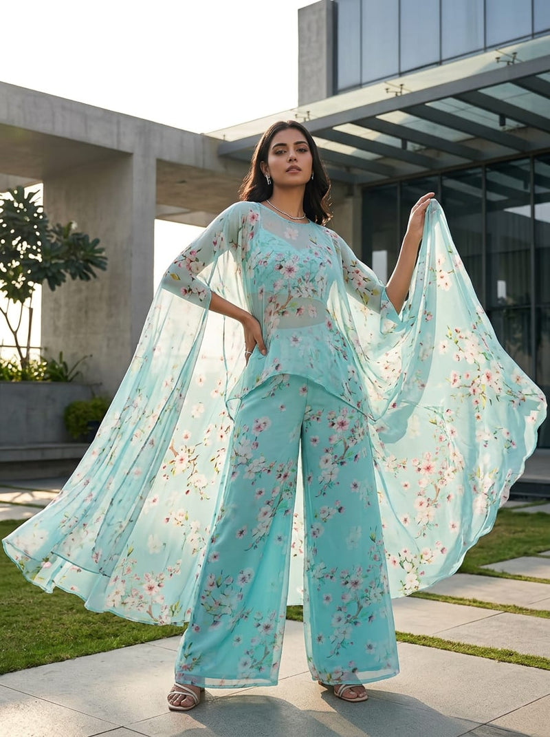 Blue Dainty Cherry Blossom Floral Pure Chiffon Digital Printed Fabric