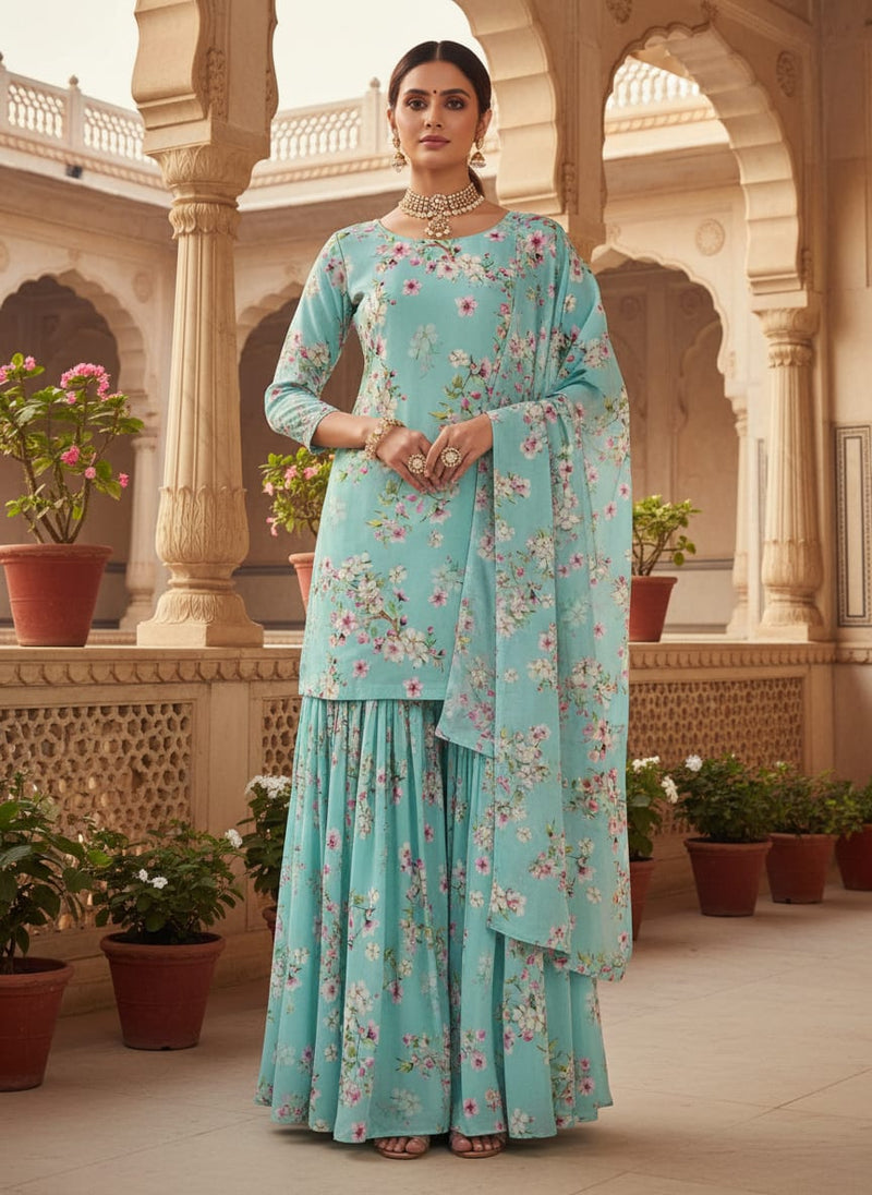 Blue Delicate Cherry Blossom Floral Pure Georgette Digital Printed Fabric