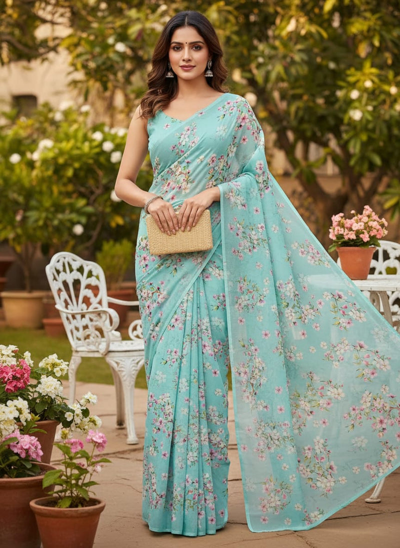 Blue Delicate Cherry Blossom Floral Pure Georgette Digital Printed Fabric