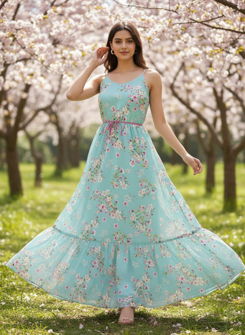 Blue Delicate Cherry Blossom Floral Pure Georgette Digital Printed Fabric