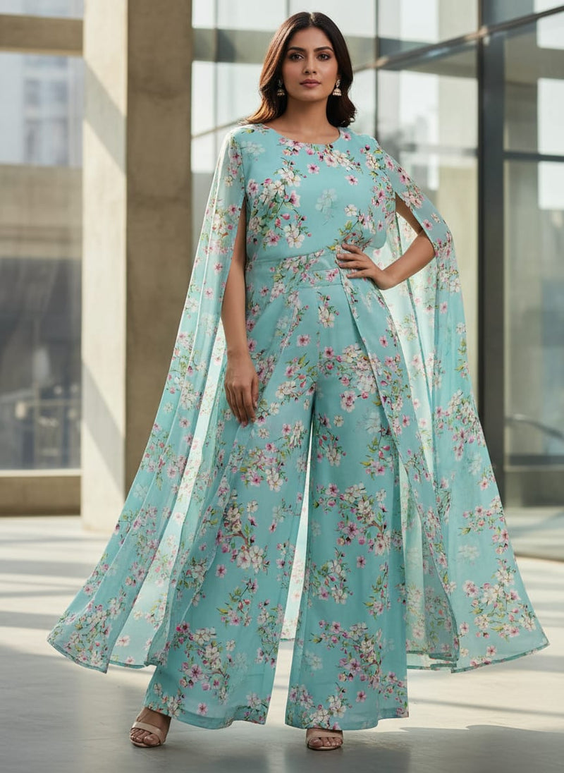 Blue Delicate Cherry Blossom Floral Pure Georgette Digital Printed Fabric