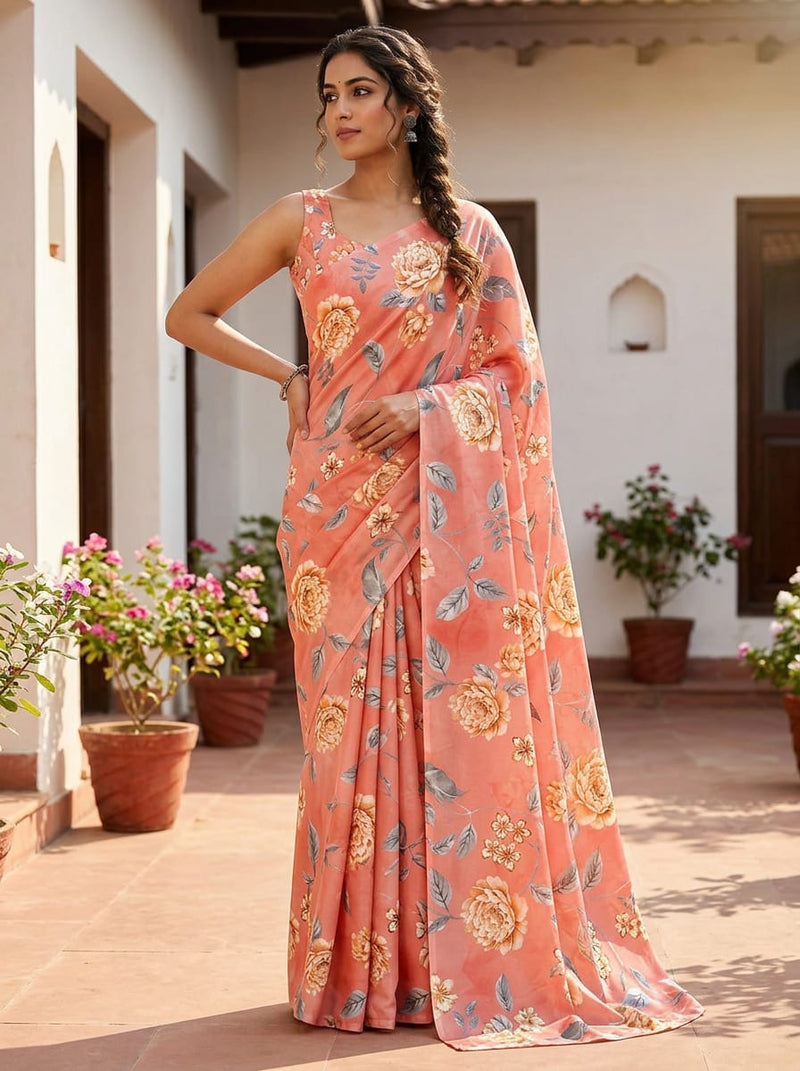 Peach Peony Floral Vine Kora Silk Digital Printed Fabric