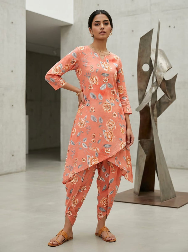 Peach Vintage Floral Garden Pure Cotton Digital Printed Fabric - Dhoti Pants with Kurta Lookbook - PCO-0-TA06679-108 - alternate view