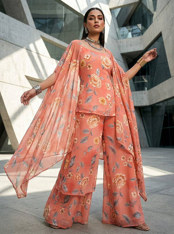 Peach Botanical Floral Pure Georgette Digital Printed Fabric - Cape with Palazzo Lookbook - PG-0-TA06679-110 - alternate view