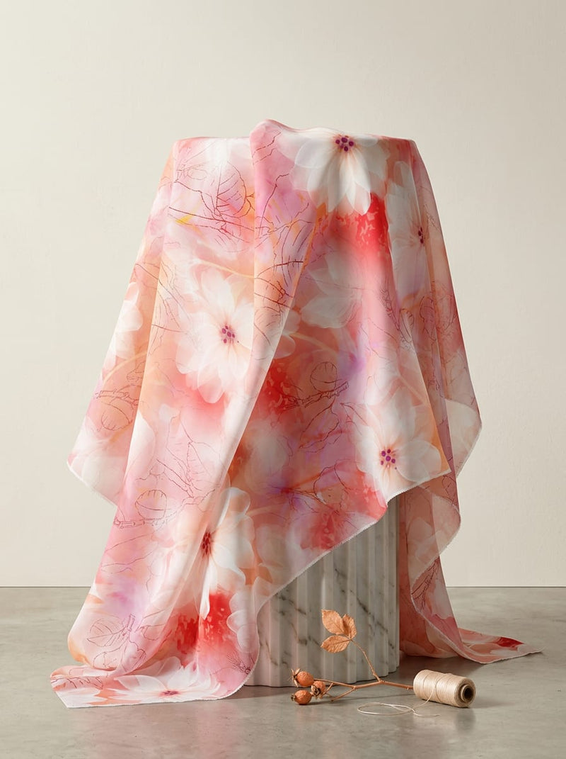 Pink Soft Watercolor Floral Pure Chiffon Digital Printed Fabric