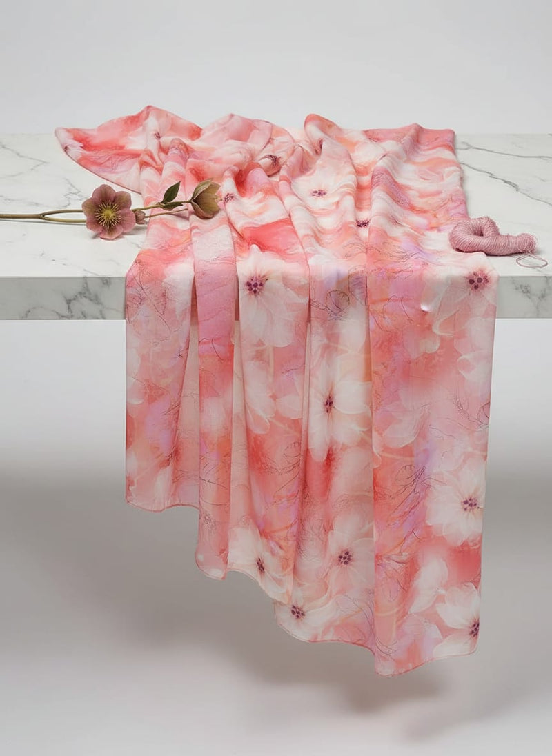 Pink Painterly Floral and Botanical Sketch Pure Georgette Digital Printed Fabric