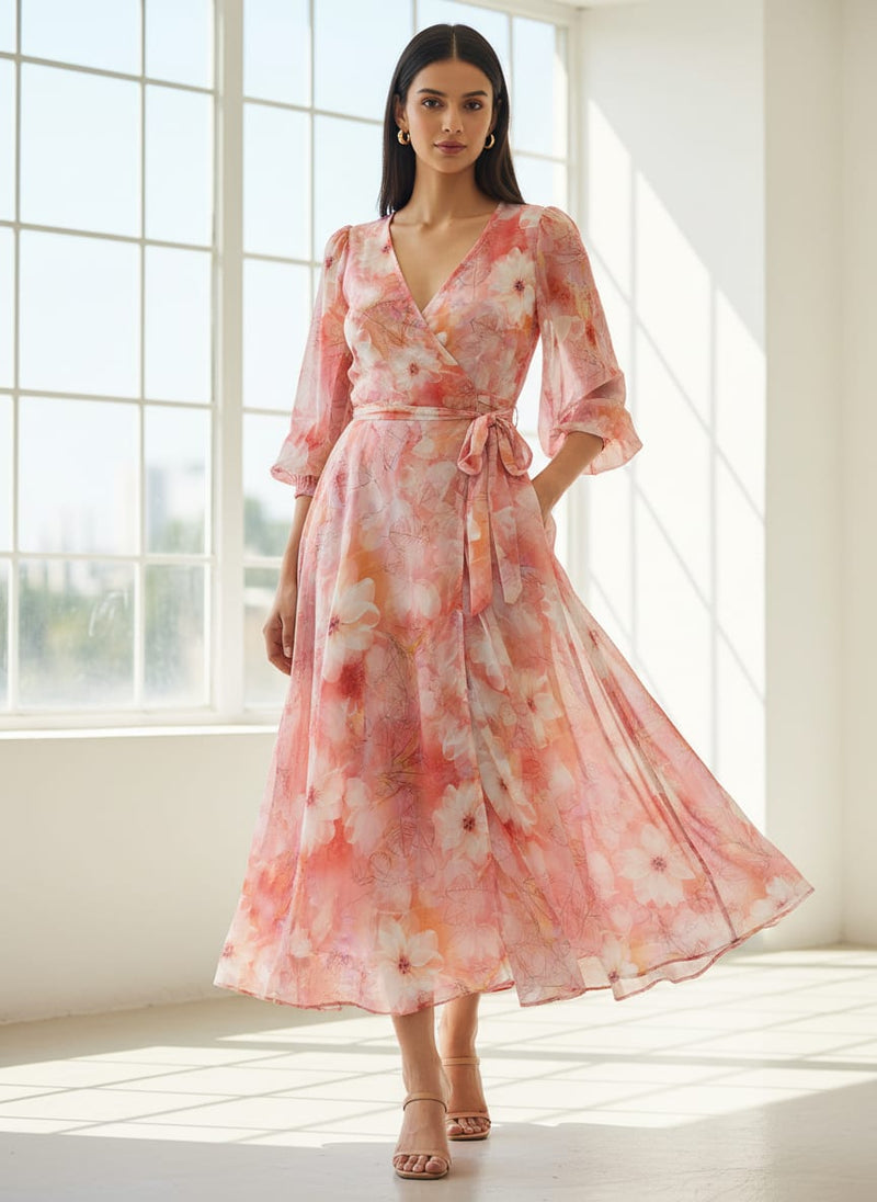 Pink Painterly Floral and Botanical Sketch Pure Georgette Digital Printed Fabric