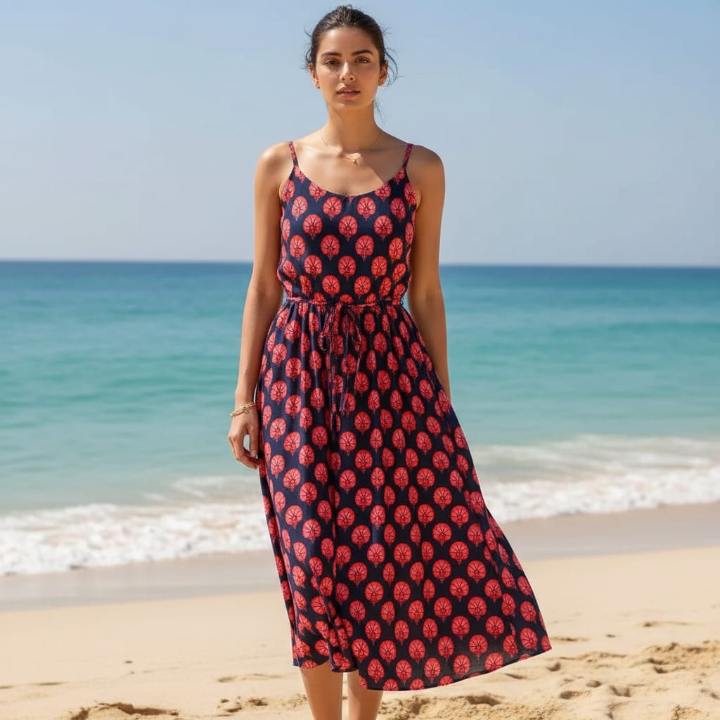 Navy Ethnic Red Floral Buti Silk Crepe Digital Printed Fabric