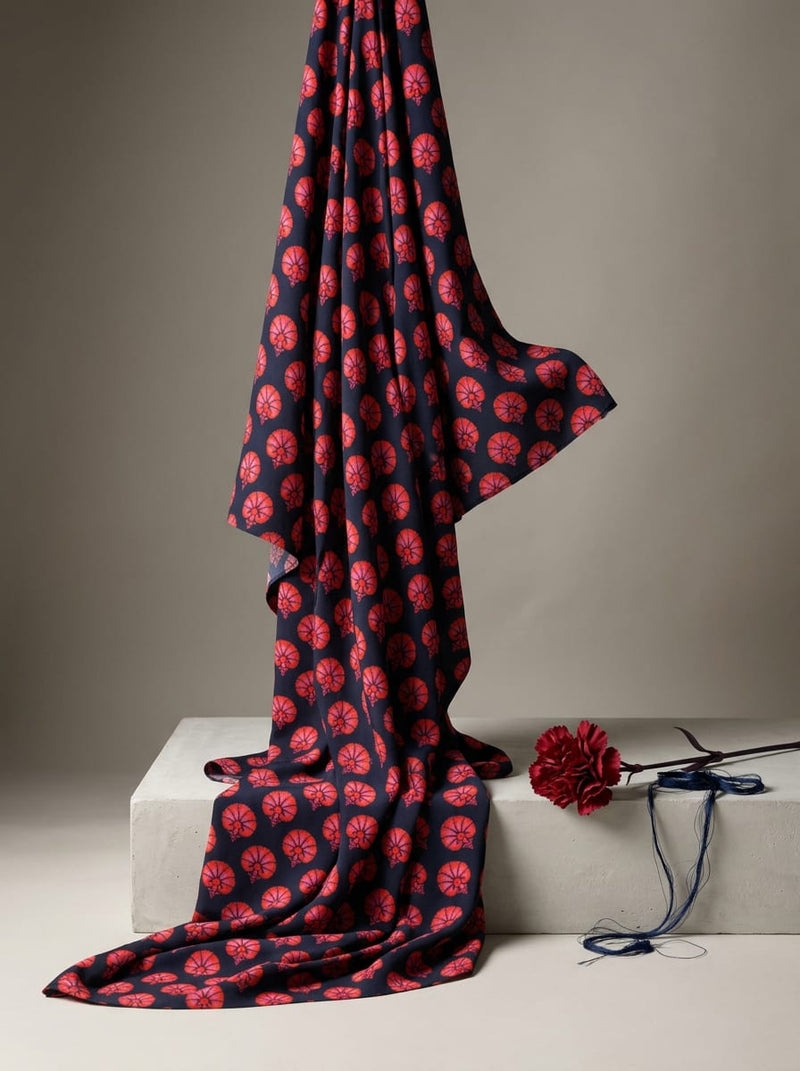 Navy Ethnic Red Floral Buti Silk Crepe Digital Printed Fabric