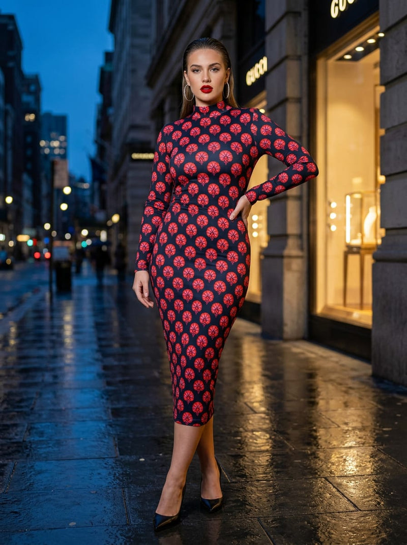 Navy Ethnic Red Floral Buti Silk Crepe Digital Printed Fabric