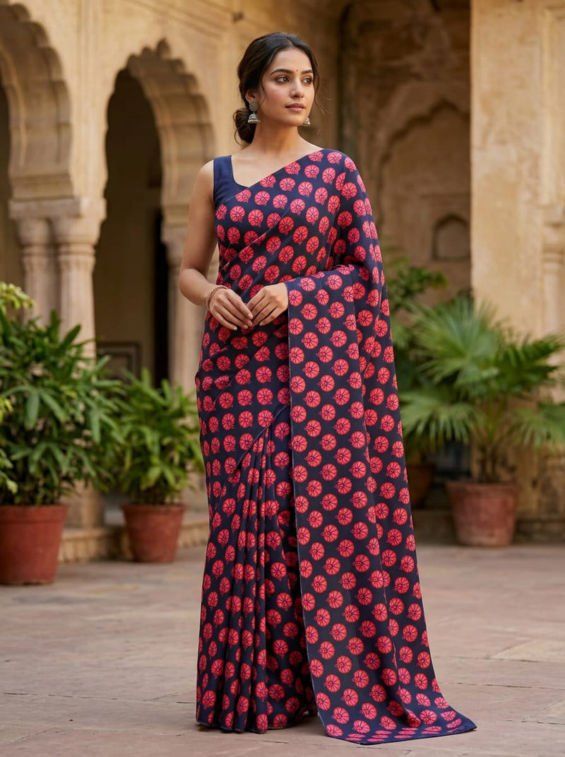 Navy Ethnic Red Floral Buti Silk Crepe Digital Printed Fabric