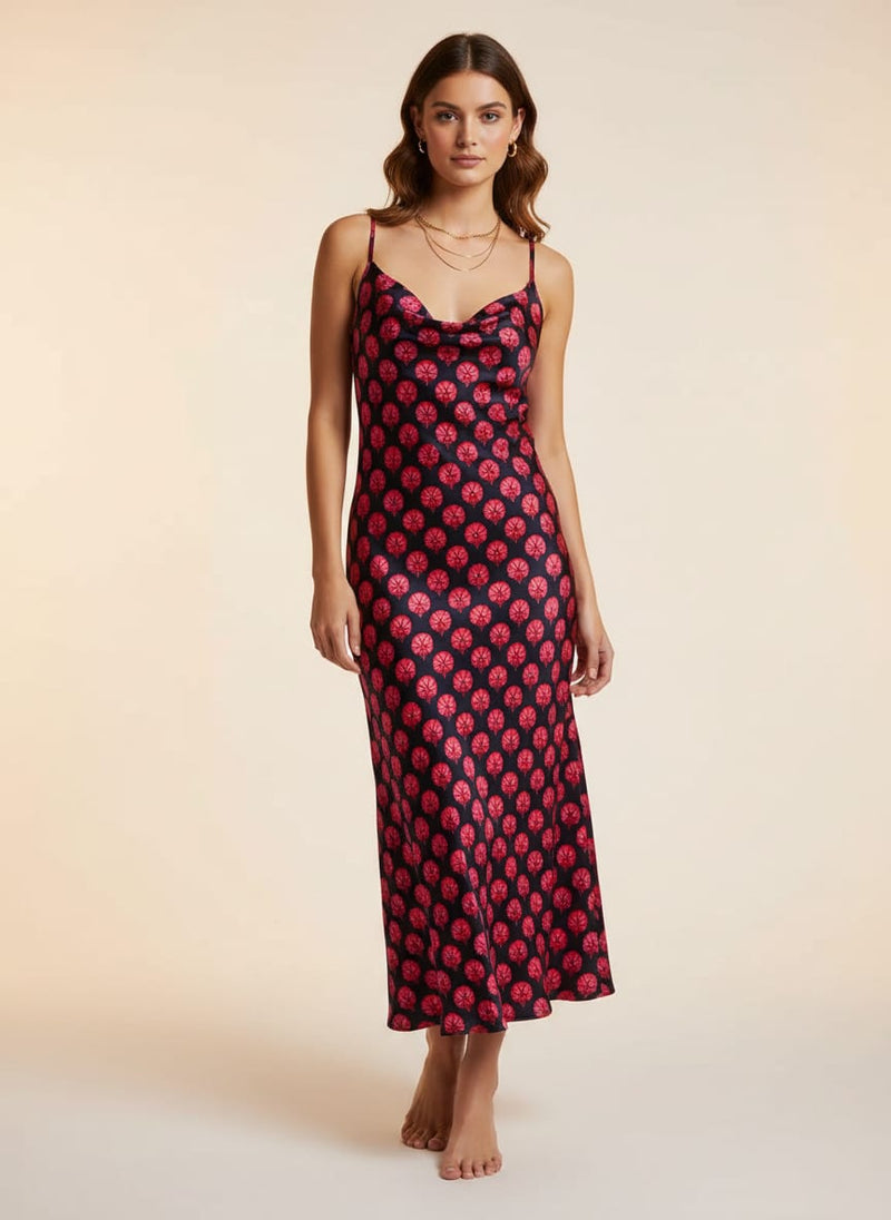 Beautiful Red Floral Over Dark Blue Base Printed Fabric