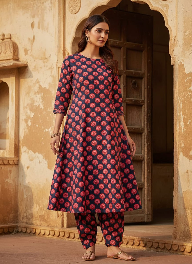 Multicolor Ethnic Red Floral Buti Kora Silk Digital Printed Fabric