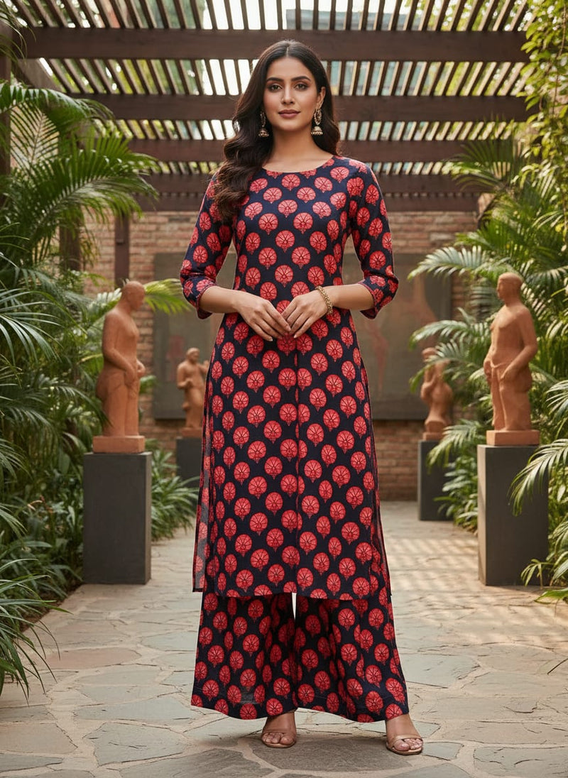 Beautiful Red Floral Over Dark Blue Base Printed Fabric