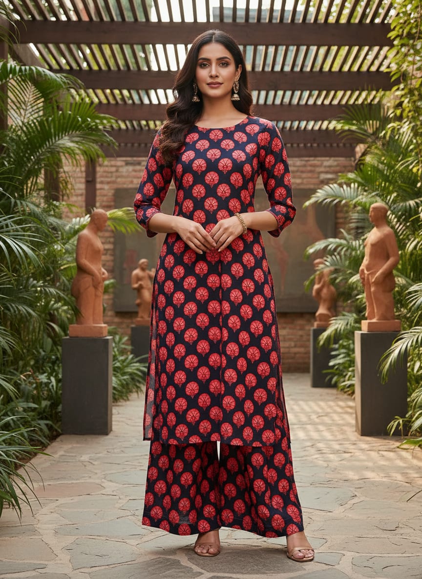 Beautiful Red Floral Over Dark Blue Base Printed Fabric