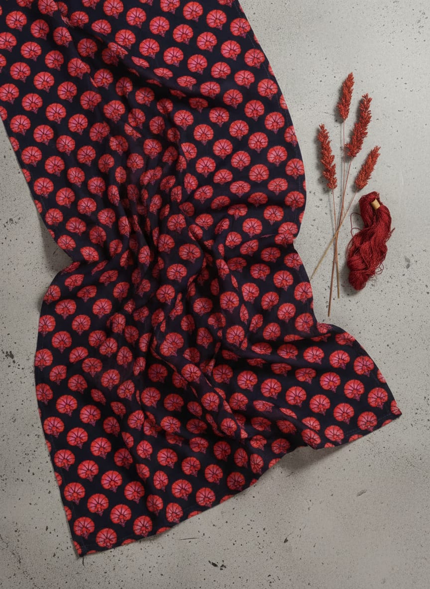 Beautiful Red Floral Over Dark Blue Base Printed Fabric