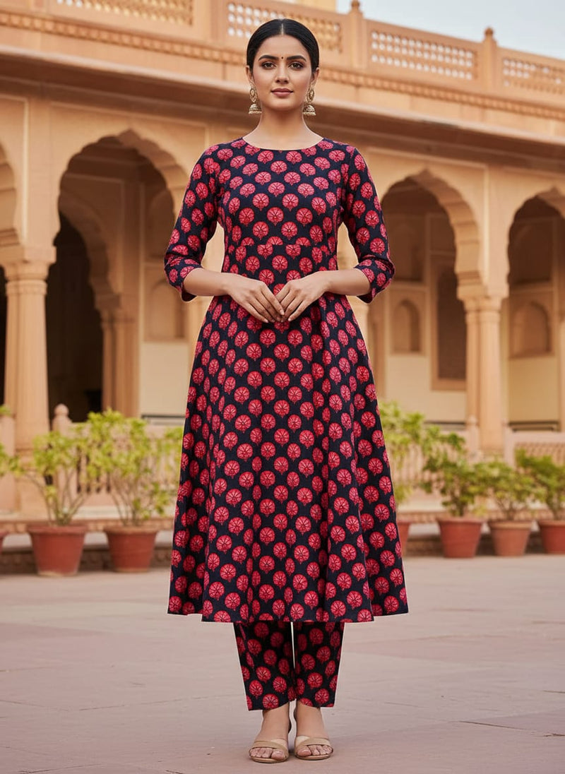 Beautiful Red Floral Over Dark Blue Base Printed Fabric