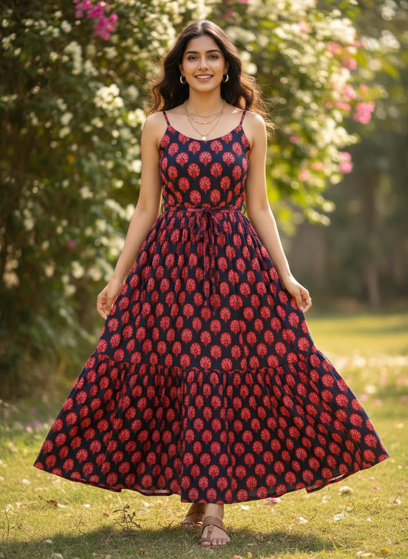 Beautiful Red Floral Over Dark Blue Base Printed Fabric
