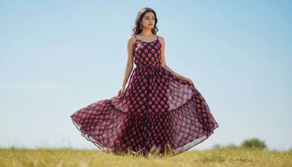 Beautiful Red Floral Over Dark Blue Base Printed Fabric - alternate view