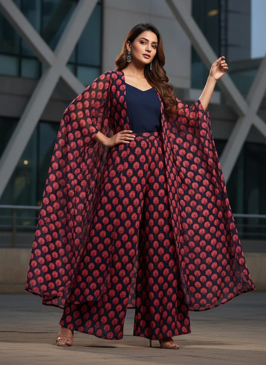 Beautiful Red Floral Over Dark Blue Base Printed Fabric