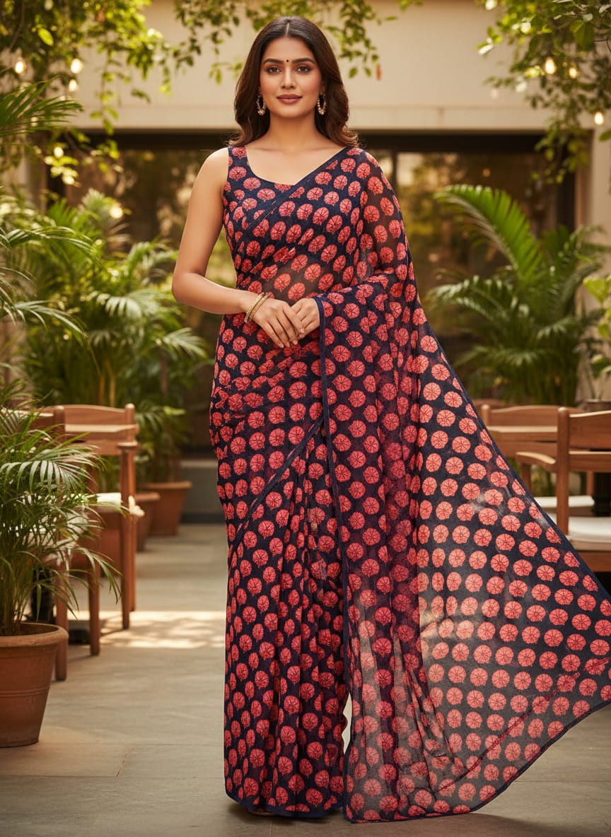Navy Ethnic Carnation Floral Motif Pure Chiffon Digital Printed Fabric