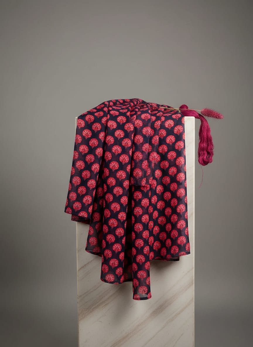Beautiful Red Floral Over Dark Blue Base Printed Fabric