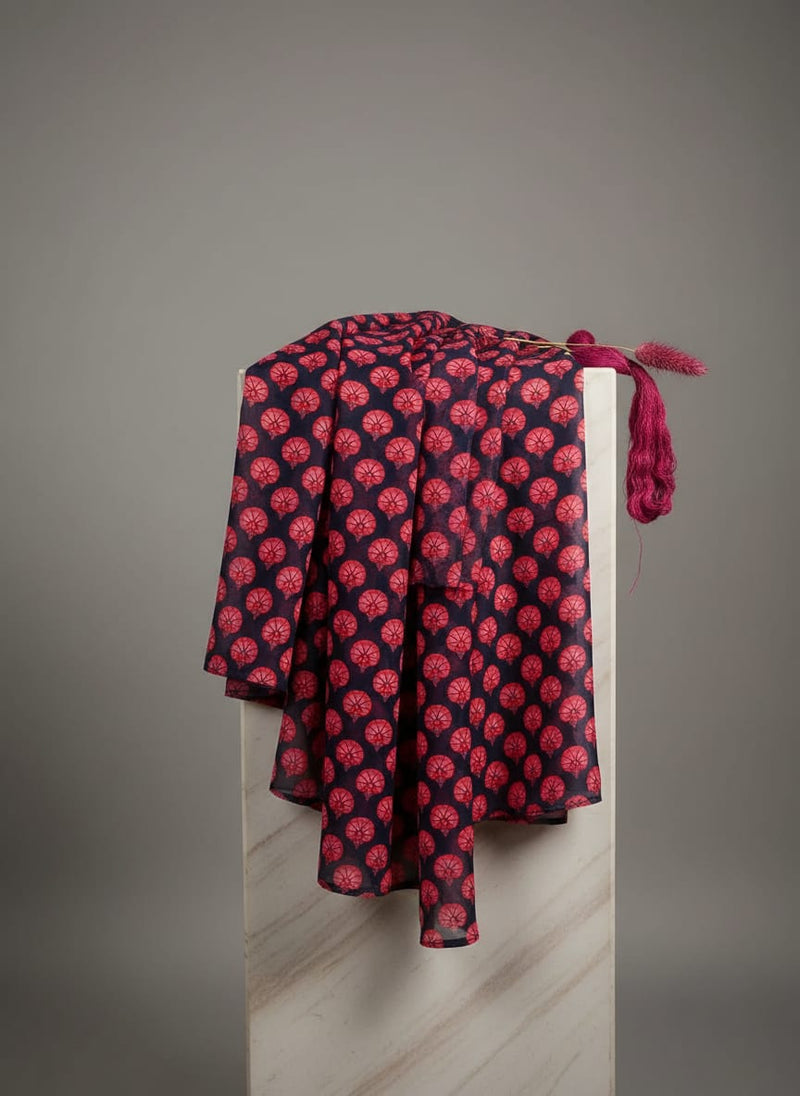 Beautiful Red Floral Over Dark Blue Base Printed Fabric