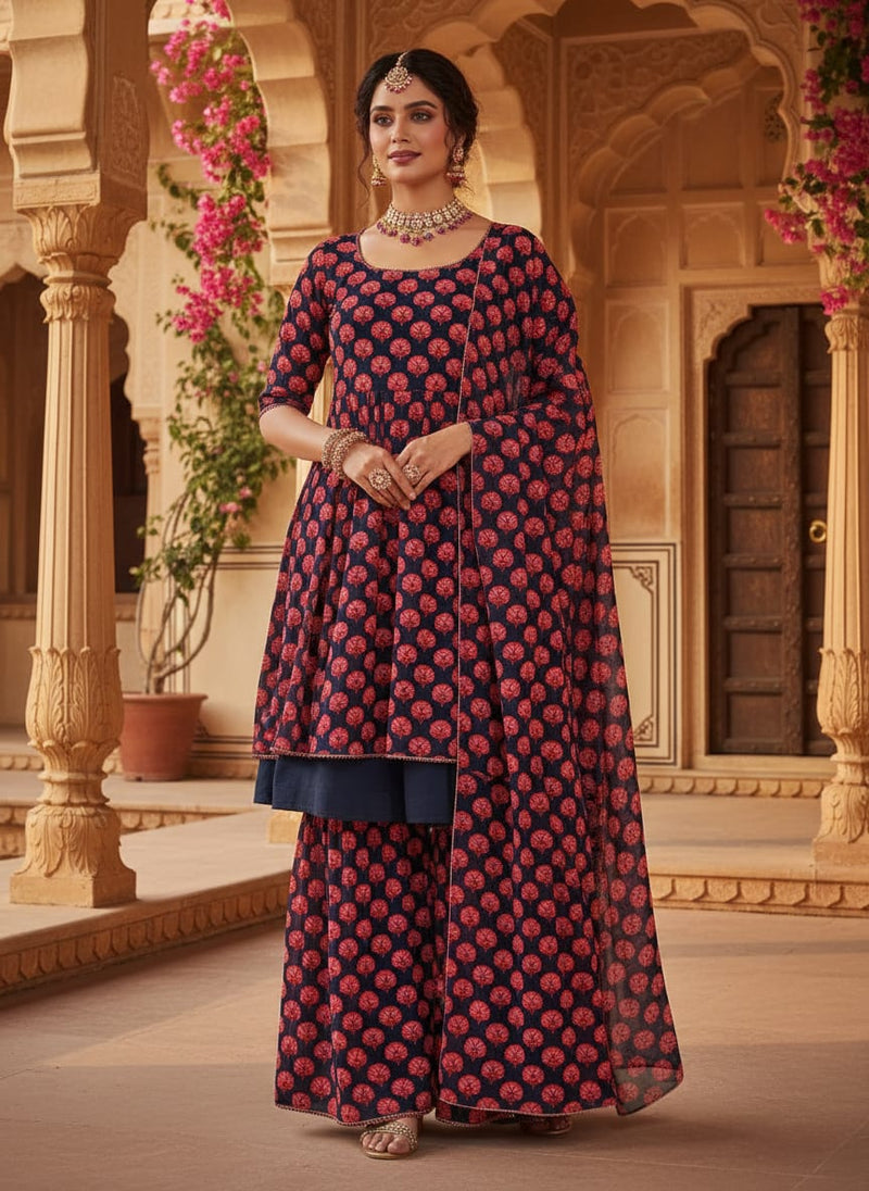Navy Ethnic Carnation Floral Motif Pure Chiffon Digital Printed Fabric
