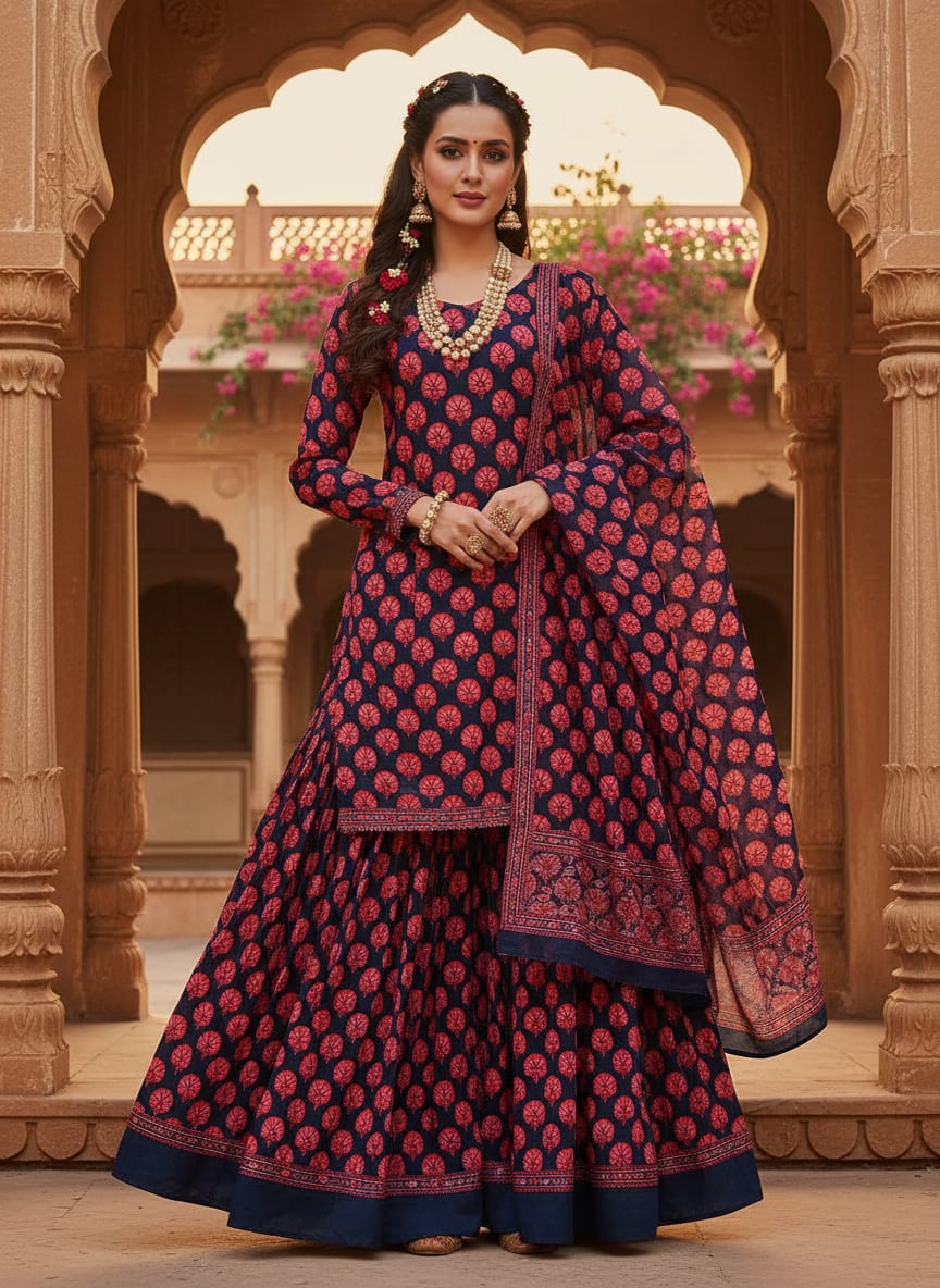 Red Ethnic Carnation Buti Pure Chinon Digital Printed Fabric